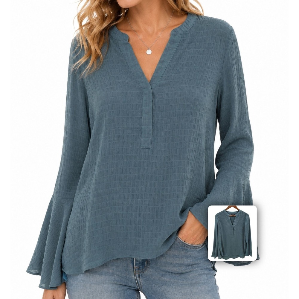 Simply Vera Wang Womens S Dusty Blue Boho‎ Peasant Tunic Bell Sleeve Blouse